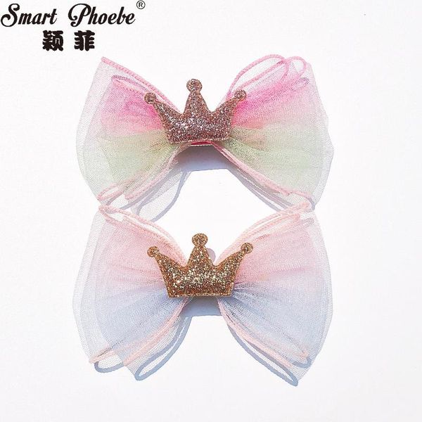 

wholesale boutique 10pcs fashion glitter tiaras gradient tulle bow hairpins crown rainbow bowknot hair clips princess headwear accessories, Slivery;white