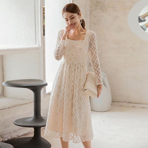 

fashion women lace dress elegant square collar long empire slim mid-length belt 66092 casual dresses, Black;gray