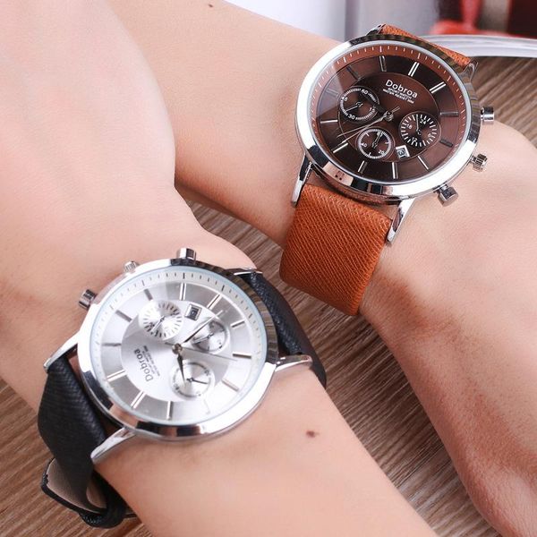 

wristwatches 2021 brand business casual men's watch fake three eye function waterproof single calendar leather quartz, Slivery;brown