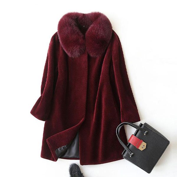 

women's fur & faux 2021 natural sheep shearing coat with real collar winter jacket women medium length warm overcoat 17168, Black