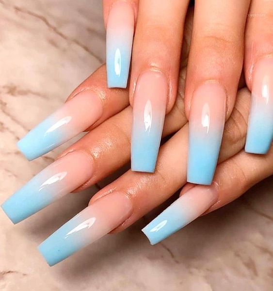 

pcs/set gradient blue ballerina fake nail extra long ultra thin detachable coffin false nails with adhesive tape glue sticker1, Red;gold