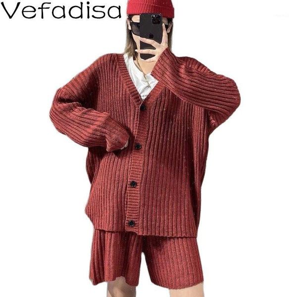 

women's tracksuits vefadisa 6 colors fashion women knitted set 2021 autumn v-neck cardigan coat + drawstring shorts female qyf6240, Gray