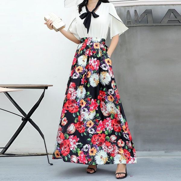 

pring fashion maxi stain skirts elastic stretch waist floral skirt summer womens ankle-length empire casual pleated, Black