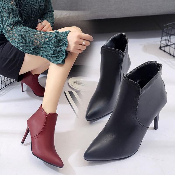 

boots women's autumn winter style short high heel pointed toe women rear zipper warm shoes q13-35, Black