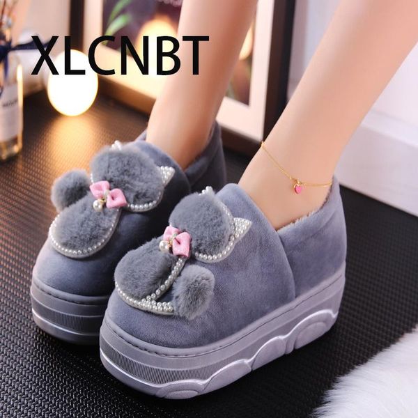 

slippers cotton padded slipper females high heel platform winter furry keep warm lovely cartoon non slip thick bottom, Black