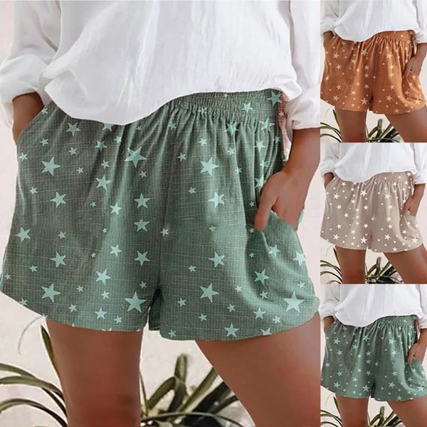 

women's shorts feminino summer casual star print elastic waist linen pockets ladies szorty damskie sexy, White;black