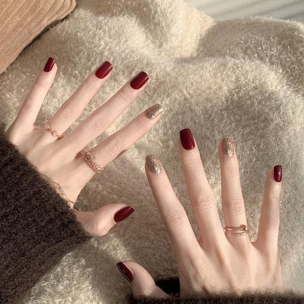 

false nails 24pcs burgundy brilliant gold wear short paragraph fashion manicure patch save time wearable nail ey669, Red;gold