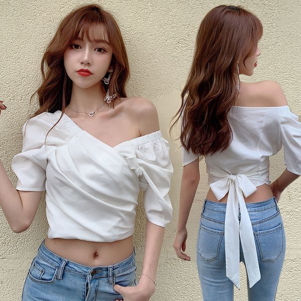 

lucyever women off shoulder chiffon blouse summer slim folds puff short sleeve blouse korean sweet white ladies 210521