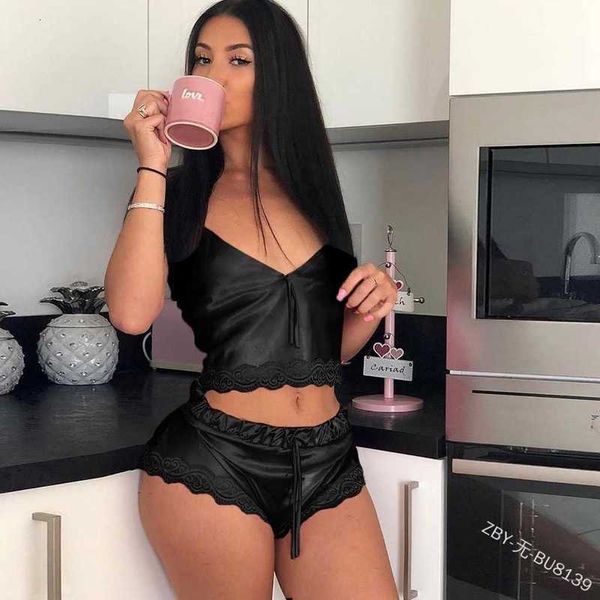 

underwear suit high elastic satin home pajamas 2 piece set 8139, Red;black