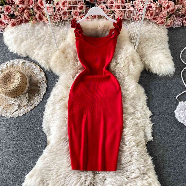 

casual dresses 2021 summer women new korean fashion ruched spaghetti strap knitted bodycon solid sleeveless tight fit party h4b5, Black;gray