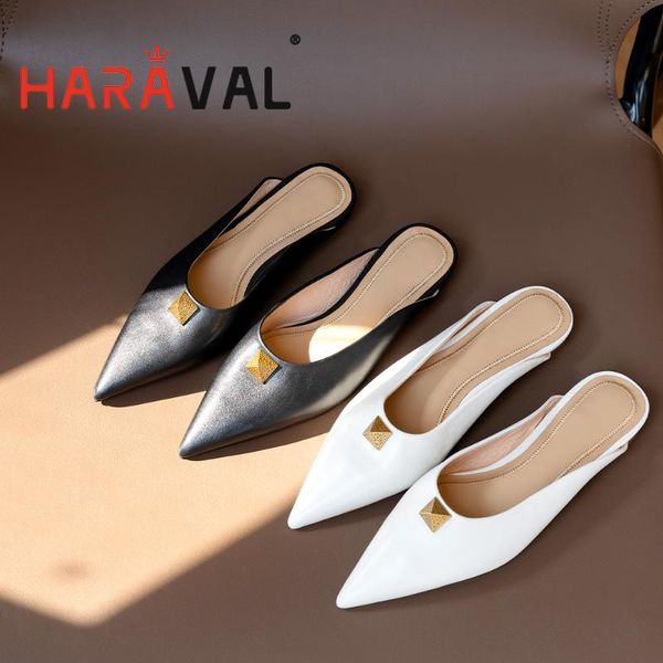 

women slipper shoes slides pointed toe genuine leather fashion elegant black white concise outside tpr sole footwear b34 slippers