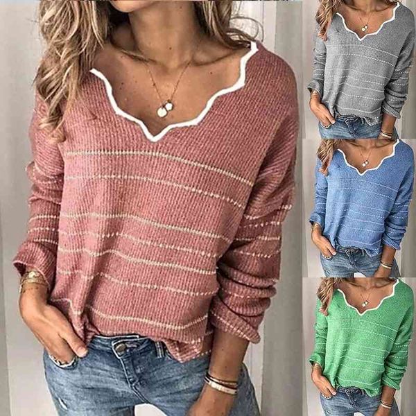 

winter pink knitted sweater women v-neck striped color block pullovers long sleeve ladies knitwear causal pull femme 210603, White;black