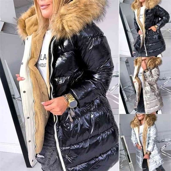 

coat women faux fur hooded warm jacket slim fit wadded parka long sleeve solid color lightweight plus size female outwear 210922, Black