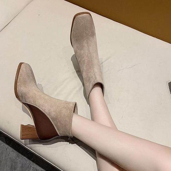 

boots women thick heel square autumn winter ankle high heels shoes suede for fashion zipper, Black