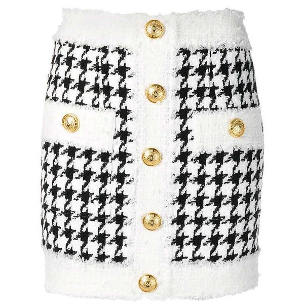 

est fall winter baroque designer skirt women's fringed lion buttons houndstooth tweed mini 210526, Black
