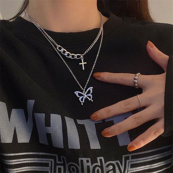 

pendant necklaces punk multilayer necklace creative cross butterfly hip hop chains for women fashion jewelry gift, Silver