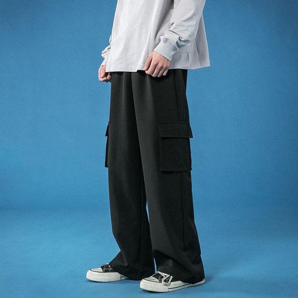 

spring summer ice silk pants men's fashion pocket casual men streetwear korean straight wide-leg mens cargo, Black