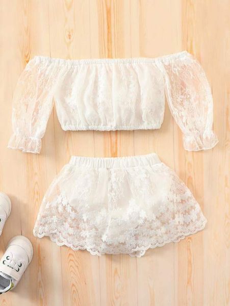 

baby off shoulder flounce sleeve floral embroidery mesh & skort she, White