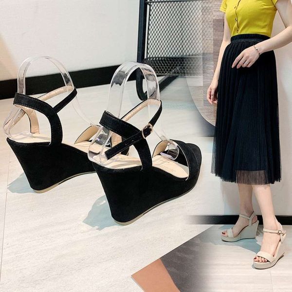 

summer muffin bottom thick slotted buckle large high-heeled sandals, Black