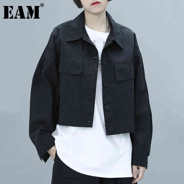 

[eam] loose fit black pocket short big size casual jacket lapel long sleeve women coat fashion spring autumn 1dd8333 21512, Black;brown