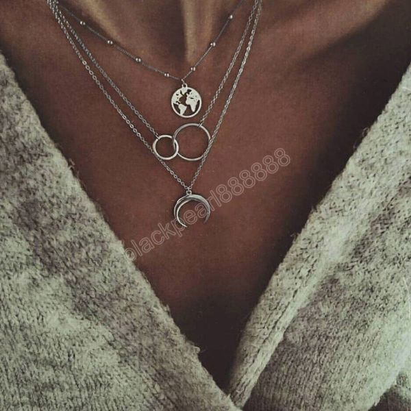 

women multilayer map necklace retro moon world map silver necklacec for girl's trendy jewelry