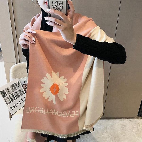 

luxury women winter cashmere scarves female shawl wrap sweet daisy pattern double-sided thickened fashion warm design scarf, Blue;gray