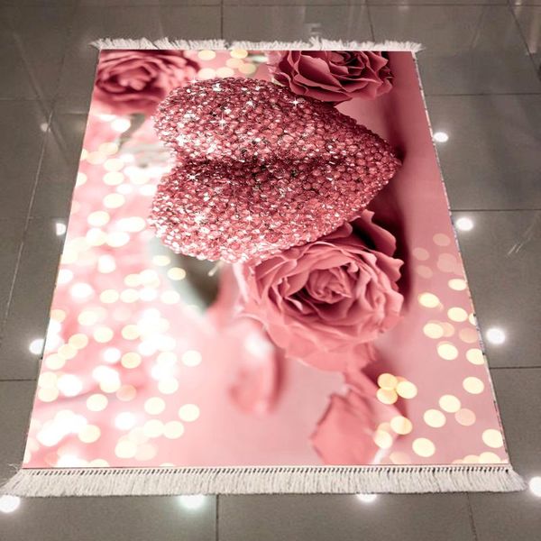 

else pink roses diamond hearts white bright dots flower 3d microfiber anti slip back washable decorative kitchen area rug carpet carpets