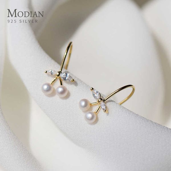 

cute tiny cherry pearl dangle earringsr for women 925 sterling silve clear cz drop earring fine jewelry brincos 210707, Silver