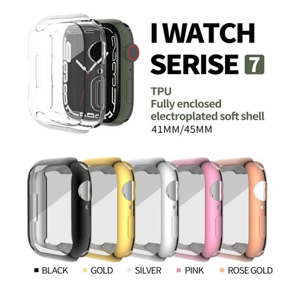 Caixa de relógio de tpu macio de shinny de galvanoplado com protetor de tela para a Apple Iwatch Watch Series 7 Cobertura completa 41 45 mm tem pacote de varejo