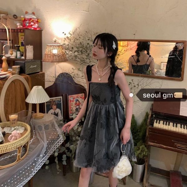 

skirts seoul is sweet and mournful ~ korean style younger minority embroidery irregular bandage mesh black grey thick suspender skirt