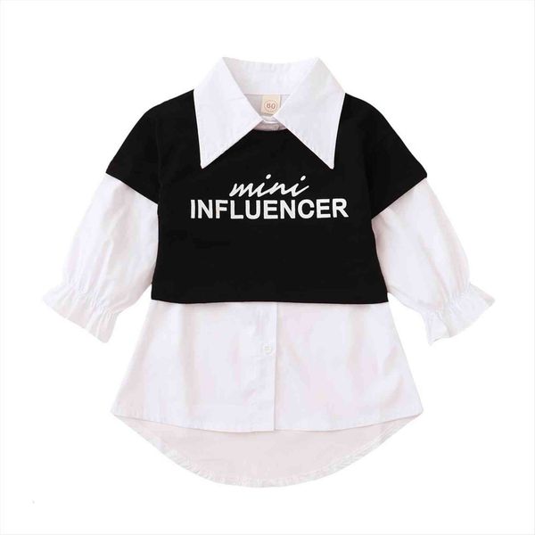 

1 5y autumn infant baby girls dress t shirts 2pcs letter print solid long sleeve single breasted dresses, White