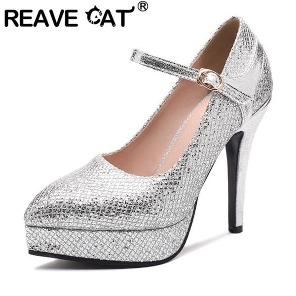 

dress shoes reave cat lady spring autumn shining pumps pointed toe 12cm thin high heels belt buckle large size 33-43 casual party a2907, Black