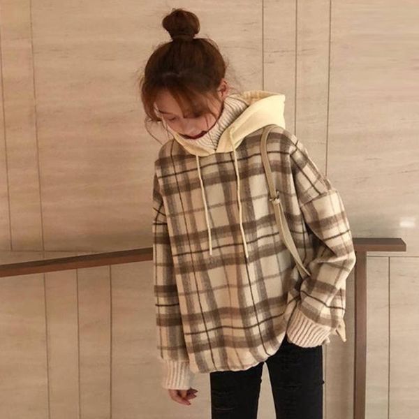 

women's hoodies & sweatshirts autumn women loose winter fake two-piece sweatshirt hooded turtleneck plaid plus velvet thick coat size, Black