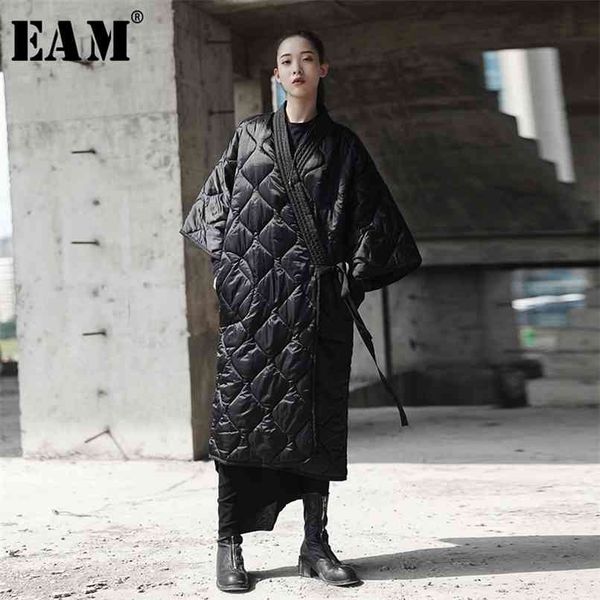 

[eam] spring autumn v-collar three-quarter sleeve solid color bandage cotton-padded big size coat women fashion jd18601 210913, Black