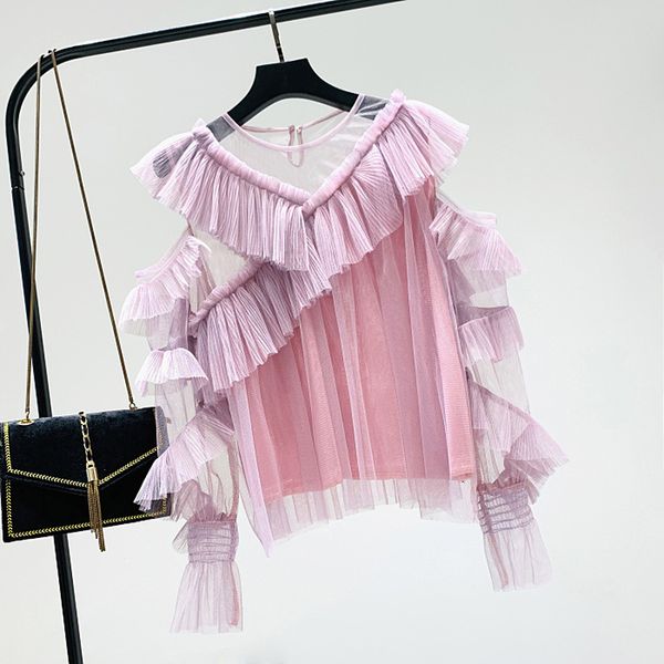 

suits cutout off shoulder ruffled sweet fairy mesh temperament blouses female thin versatile shirt ladies blusas, White;black