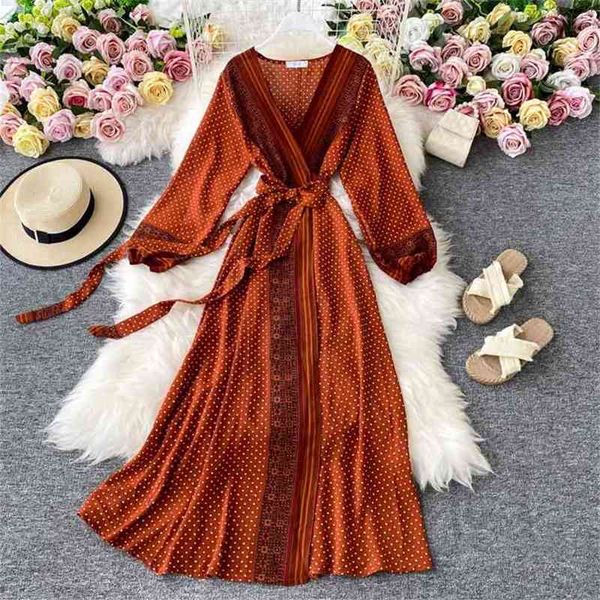 

women vintage dress spring autumn slim v neck bandgae es elegant ladies dot chiffon beach vestidos mujer 210525, Black;gray