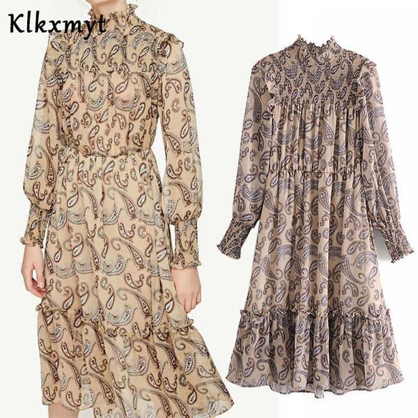 

klkxmyt za dress women chic fashion cashew print midi vintage long sleeve with linning female es vestidos mujer 210527, Black;gray