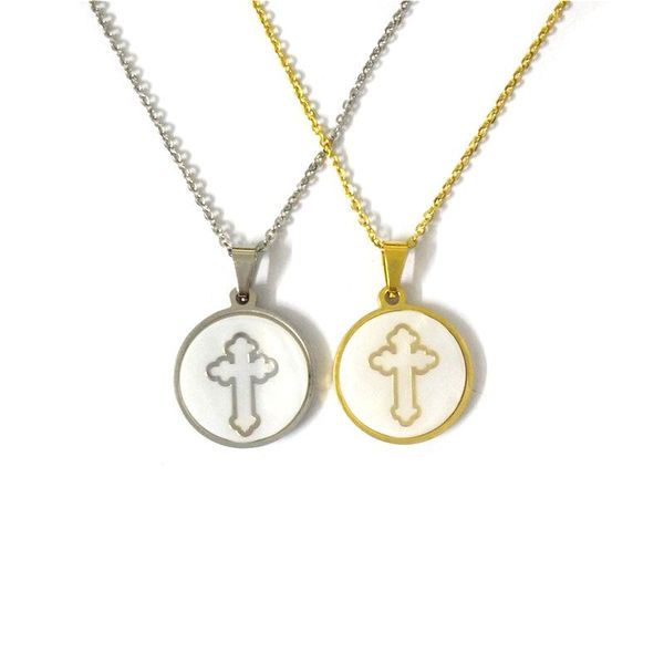 

fairladyhood 2021 pendant necklace cross design shell chain stainless steel sweater clavicular neckalce women necklaces, Silver
