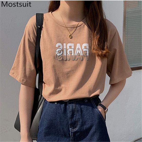 

letters printed cotton t shirt women summer short sleeve o-neck casual fashion tees korean loose t-shirts 210514, White