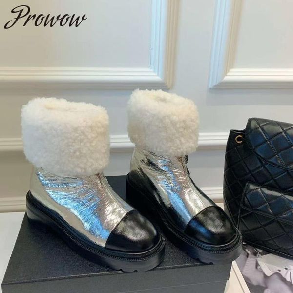 

boots prowow silver metallic leather cozy warm wool round toe slip on platform shoes women botas mujer, Black