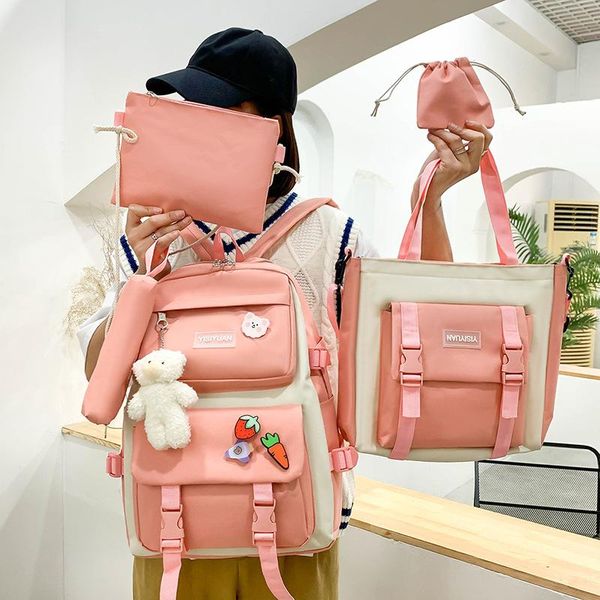 

school bags 5 pcs set harajuku women lapbackpack canvas for teenage girls kawaii college student kids book bag rucksack 2021