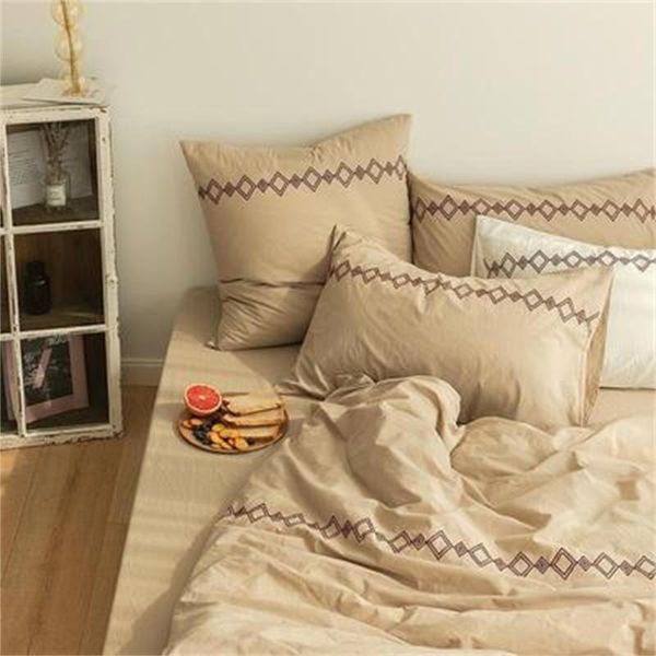 

bedding sets japanese-style all cotton washed bed 4pcs double quilt cover sheet solid color simple embroidery