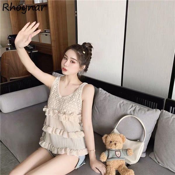 

women's tanks & camis camisole women sleeveless v-neck hollow out all-match kawaii summer fashion korean style soft streetwear youth ha, White