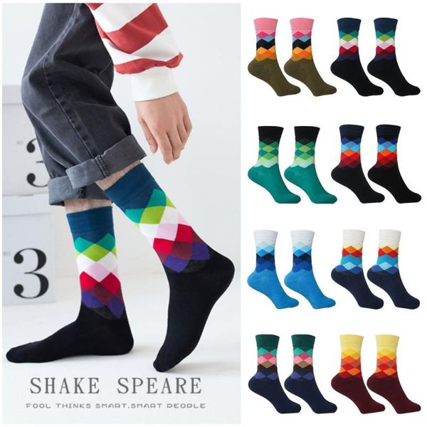 

men's socks fashion matching funny colorful argyle filled optic winter combed cotton, Black