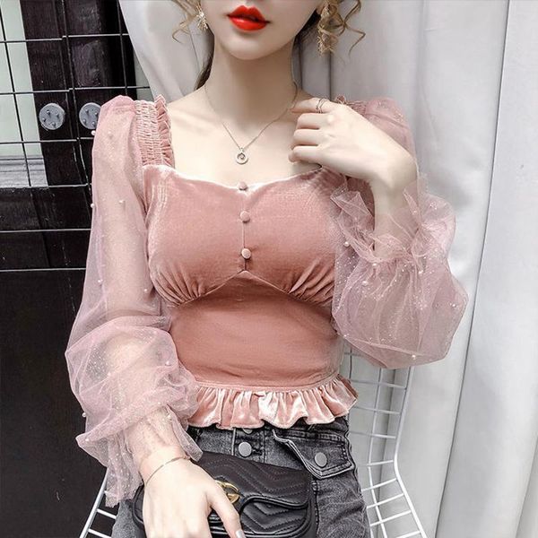 

women's blouses & shirts spring autumn style blouse shirt elegant button solid color square collar mesh patchwork casual sp1065, White