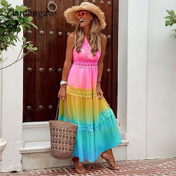 

ziamonga boho inspired rainbow high low dress v-neck tiered lace trim summer holiday long beach 2021 chic casual dresses, Black;gray