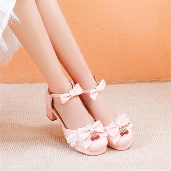 Grandi dimensioni 34-48 Bow Knot Strawberry Ruffles Principessa Costume Cosplay Scarpe Donna Tacchi medi JK LO Sandali Lolita Ragazze