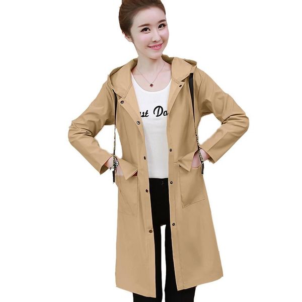 

women's trench coats plus size spring women coat 2021 casual fashion long-sleeve hooded single-breasted pockets long thin windbreaker, Tan;black