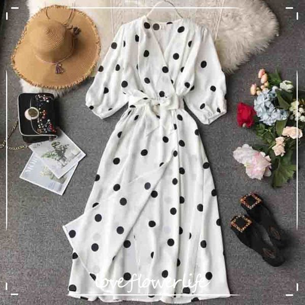 

ladies vintage robe summer women 3/4 sleeve holiday wind slim a-line dress vestidos fashion dot printed v-neck dress 210521, Black;gray