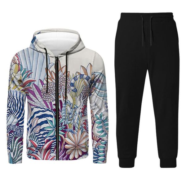 

men's tracksuits 2021 autumn and winter plant flower sweater digital printing design hooded leisure leggings two-piece suit, Gray